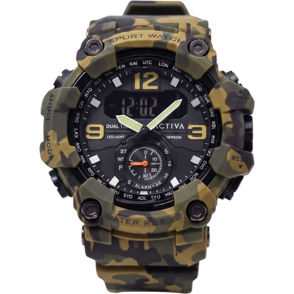 Activa Sport Watch Mens Green Camo Dual Time Digital Analog WR50M New